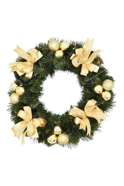 Artificial decorated green Advent wreath in gold color