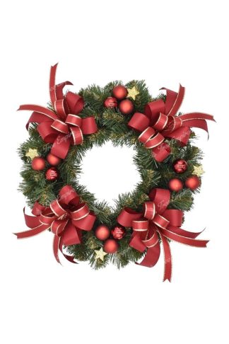 Artificial decorated green Advent wreath in red-gold color