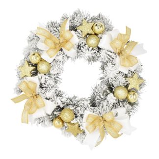 Decorated flocked Advent wreath in gold color